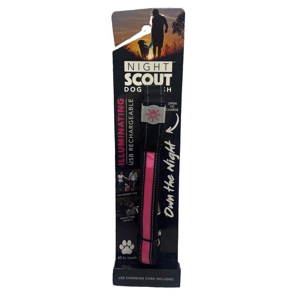Night Scout Dog Leash Light Up Pink & Black - Long 60" Leash - Nighttime Safety
